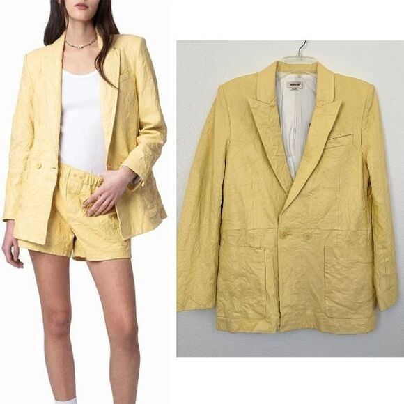 Zadig & Voltaire Visko Cuir Froisse Butter Yellow Leather Blazer Women's 40 NEW - Picture 1 of 15